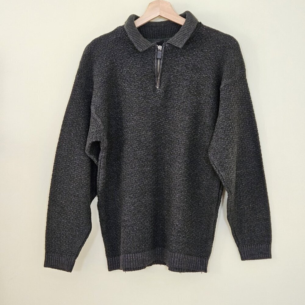 Profilo Sport Sweater Mens M Dark Khaki LS 1/4 Zip Collared Wool Blend Vintage